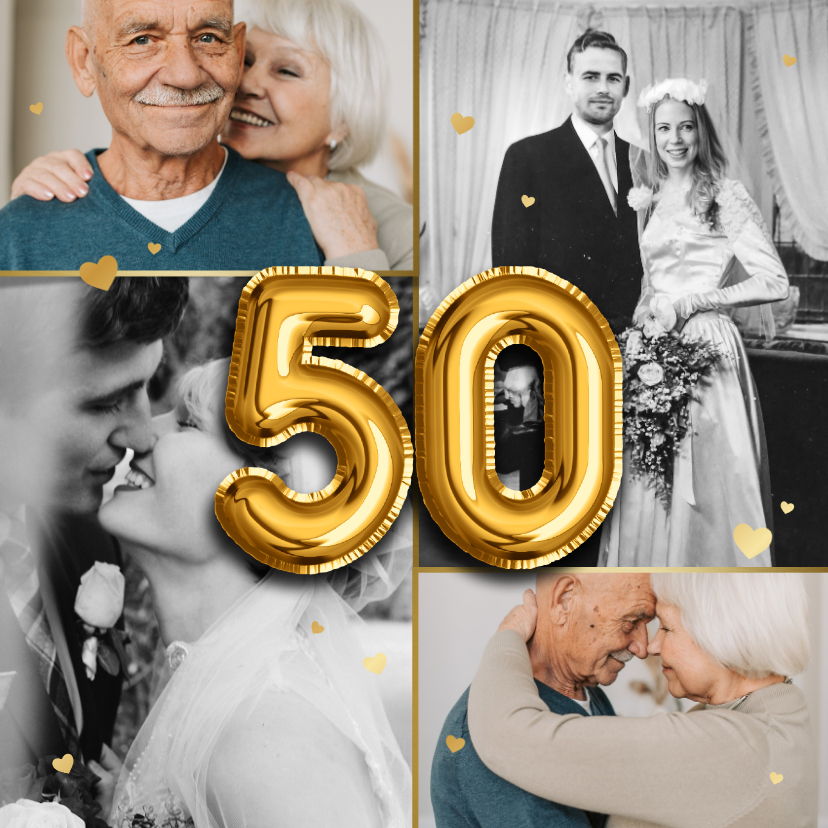 Jubileumfeest 50 jaar folieballonnen foto's hartjes goud - Jubileumkaarten Jubileumkaarten - Jubileumfeest 50 jaar folieballonnen foto's hartjes goud