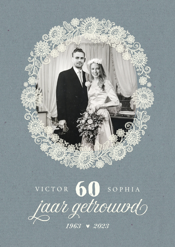Jubileumfeest 60 jaar vintage kant bloemen foto kraft - Jubileumkaarten Jubileumkaarten - Jubileumfeest 60 jaar vintage kant bloemen foto kraft