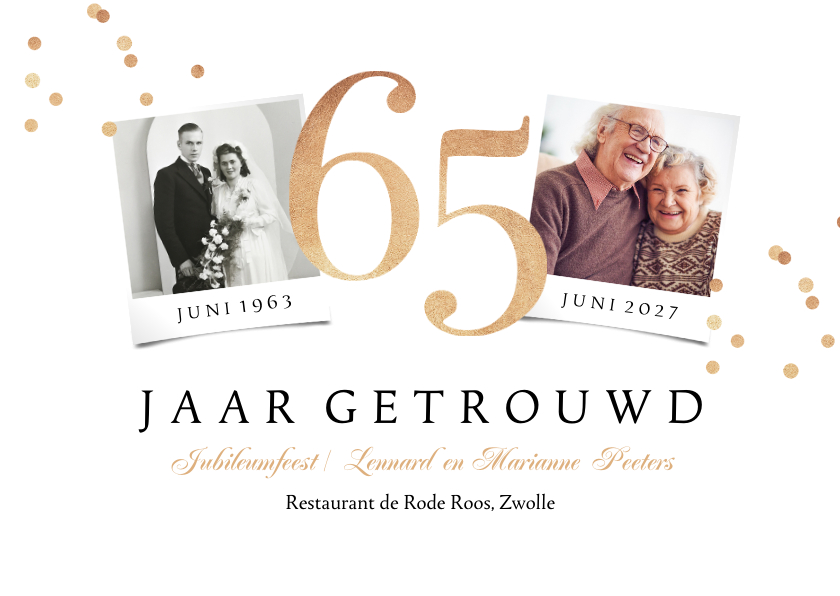 Jubileumkaarten - Jubileumfeest 65 jaar getrouwd goud huwelijk confetti