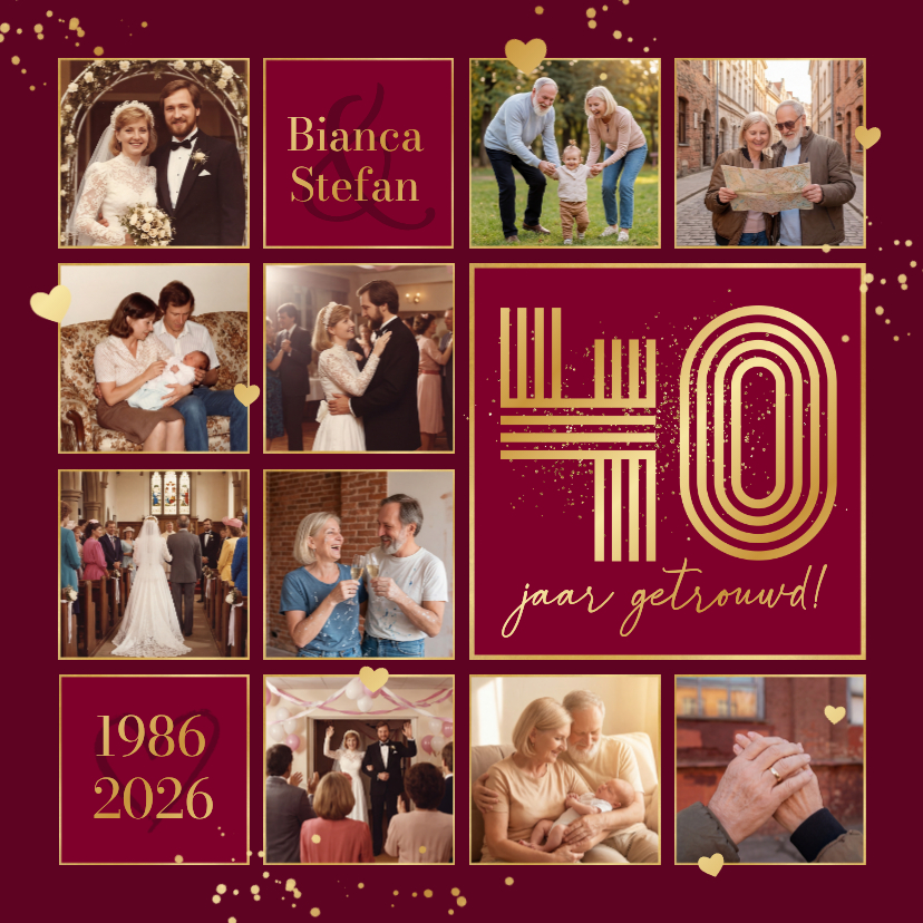 Jubileumkaarten - Jubileumfeest fotocollage uitnodiging liefde hartjes robijn