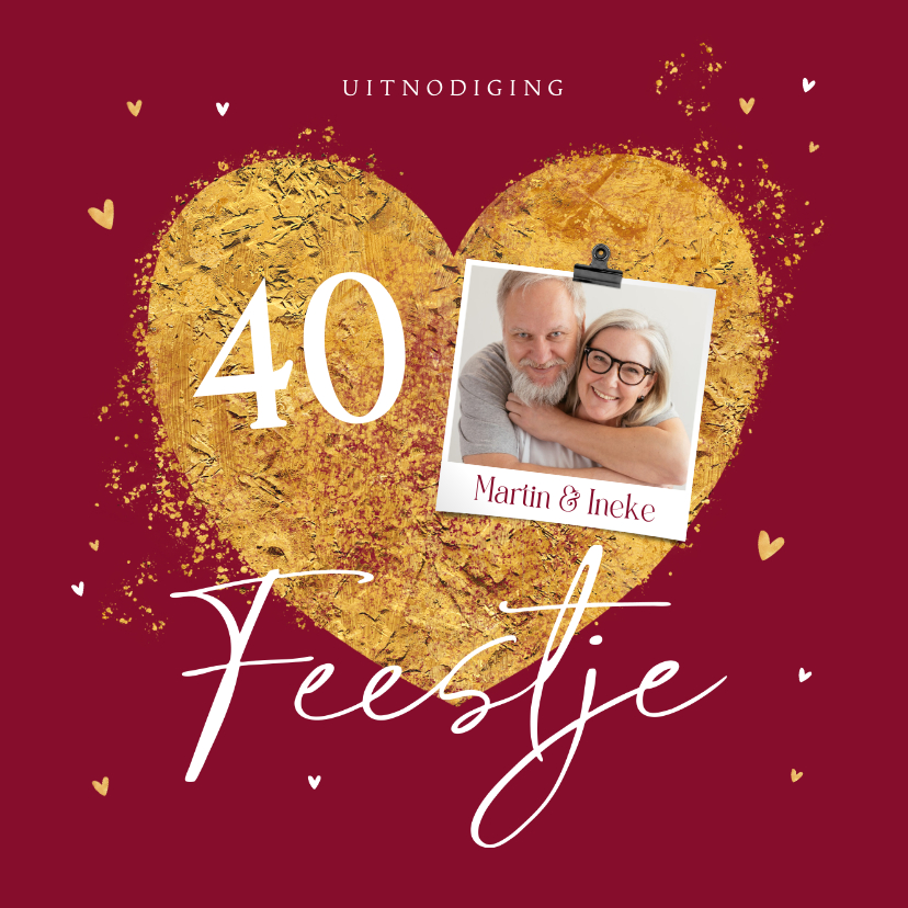 Jubileumfeest robijnen uitnodiging goud hartjes foto - Jubileumkaarten Jubileumkaarten - Jubileumfeest robijnen uitnodiging goud hartjes foto