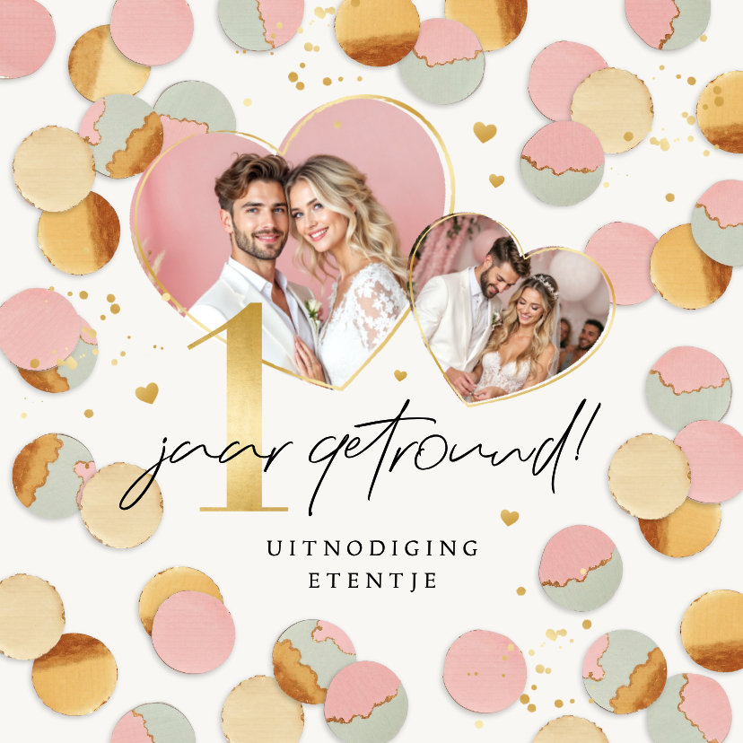 Jubileumfeest uitnodiging 1 jaar getrouwd confetti goud - Jubileumkaarten Jubileumkaarten - Jubileumfeest uitnodiging 1 jaar getrouwd confetti goud
