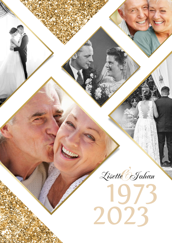 Jubileumfeest uitnodiging fotocollage goud jaartallen - Jubileumkaarten Jubileumkaarten - Jubileumfeest uitnodiging fotocollage goud jaartallen