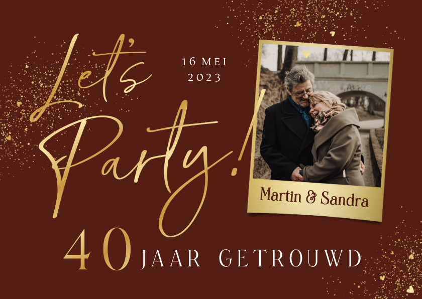 Jubileumfeest uitnodiging goud let's party 40 foto hartjes - Jubileumkaarten Jubileumkaarten - Jubileumfeest uitnodiging goud let's party 40 foto hartjes