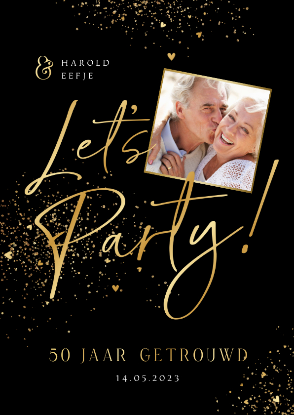 Jubileumfeest uitnodiging goud let's party 50 foto hartjes - Jubileumkaarten Jubileumkaarten - Jubileumfeest uitnodiging goud let's party 50 foto hartjes