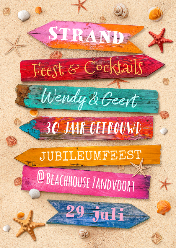 Jubileumfeest uitnodiging strand wegwijzers schelpen - Jubileumkaarten Jubileumkaarten - Jubileumfeest uitnodiging strand wegwijzers schelpen
