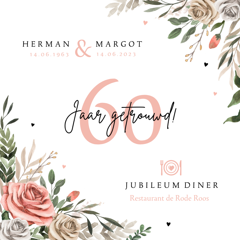 Jubileumkaarten - Jubileumfeest uitnodiging vintage bloemen hartjes diner