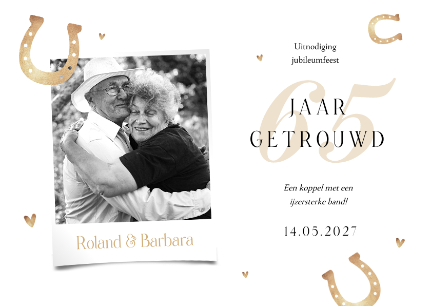 Jubileumkaarten - Jubileumfeest uitnodigingskaart 65 jaar getrouwd hoefijzers