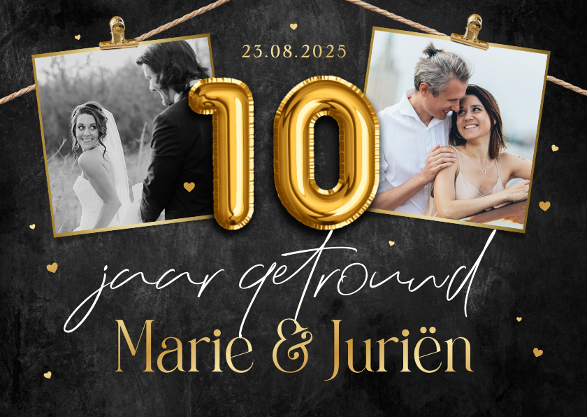 Jubileumkaart 10 jaar getrouwd krijtbord hartjes ballonnen - Jubileumkaarten Jubileumkaarten - Jubileumkaart 10 jaar getrouwd krijtbord hartjes ballonnen