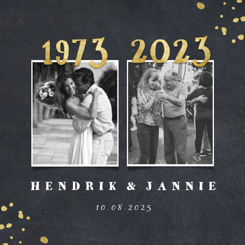 Jubileumkaart 1973 met foto's en gouden spetters - Jubileumkaarten Jubileumkaarten - Jubileumkaart 1973 met foto's en gouden spetters