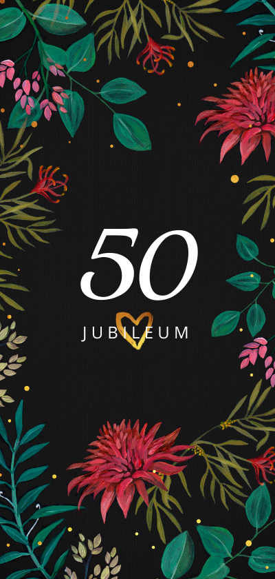 Jubileumkaarten - Jubileumkaart 50 jaar getrouwd dark floral bohemian met goud