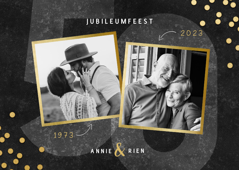 Jubileumkaart 50 jaar getrouwd gouden confetti en foto's - Jubileumkaarten Jubileumkaarten - Jubileumkaart 50 jaar getrouwd gouden confetti en foto's
