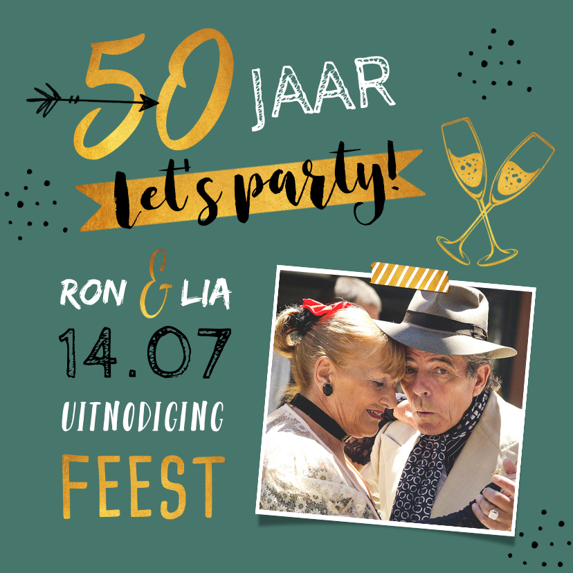 Jubileumkaart 50 jaar huwelijk hip met goud en foto - Jubileumkaarten Jubileumkaarten - Jubileumkaart 50 jaar huwelijk hip met goud en foto