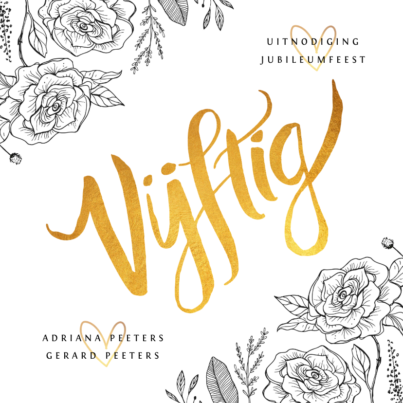 Jubileumkaart 50 jaar klassiek met bloemen , goud en foto - Jubileumkaarten Jubileumkaarten - Jubileumkaart 50 jaar klassiek met bloemen , goud en foto
