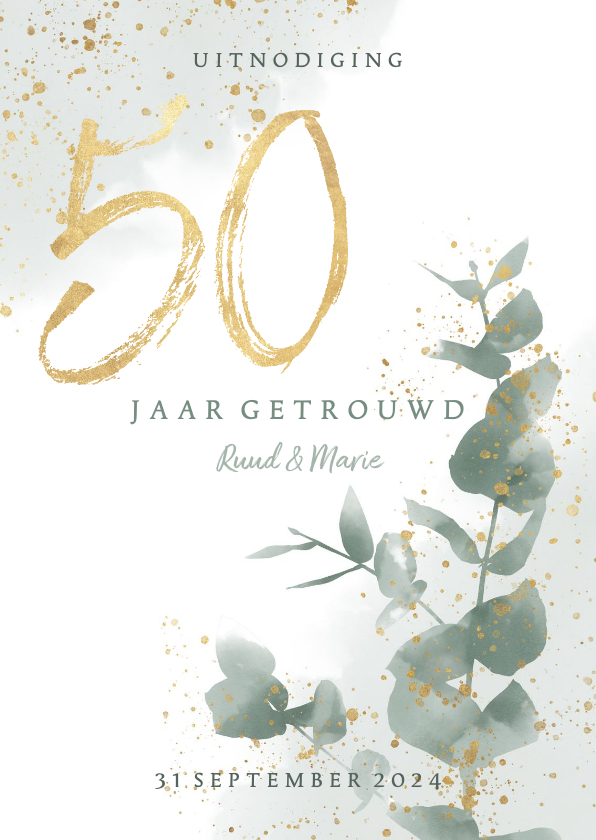 Jubileumkaart 50 jaar met waterverf takje en gouden spetters - Jubileumkaarten Jubileumkaarten - Jubileumkaart 50 jaar met waterverf takje en gouden spetters
