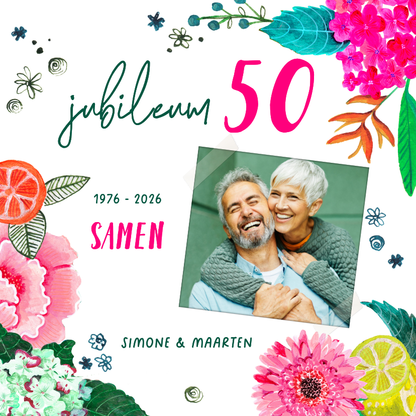 Jubileumkaarten - Jubileumkaart 50 jaar samen met foto en bloemen