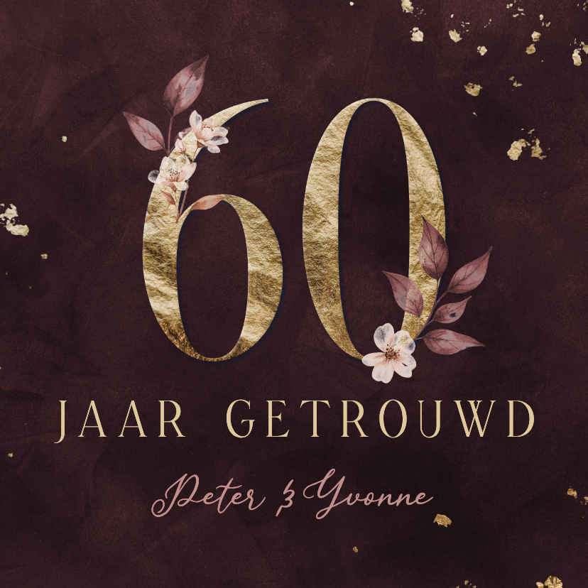Jubileumkaarten - Jubileumkaart 60 jaar goud met aquarel bloemen