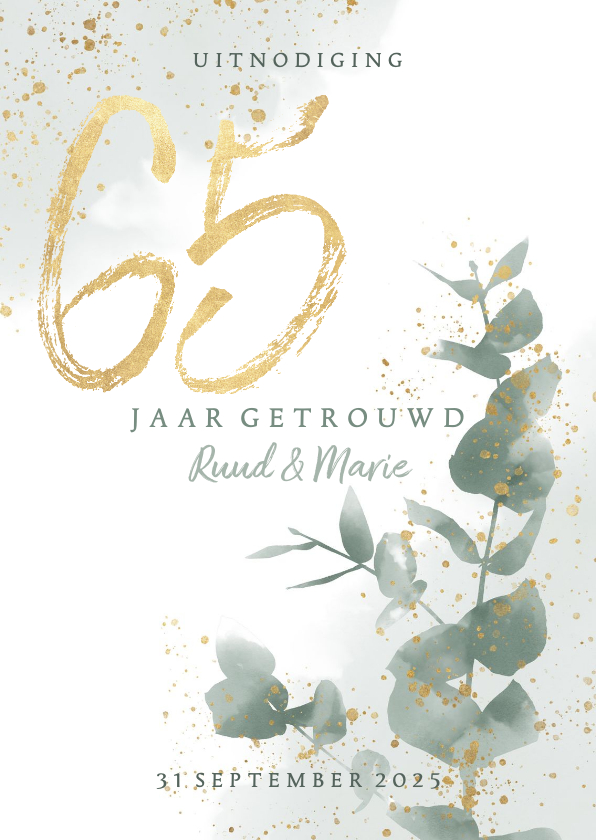 Jubileumkaart 65 jaar getrouwd met waterverf takje en goud - Jubileumkaarten Jubileumkaarten - Jubileumkaart 65 jaar getrouwd met waterverf takje en goud