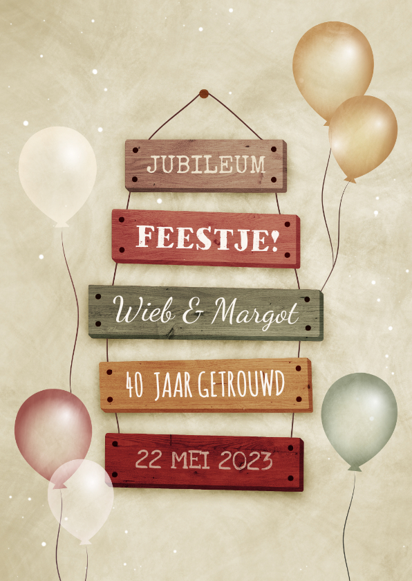 Jubileumkaart aanpasbaar met feestelijke ballonnen bordjes - Jubileumkaarten Jubileumkaarten - Jubileumkaart aanpasbaar met feestelijke ballonnen bordjes