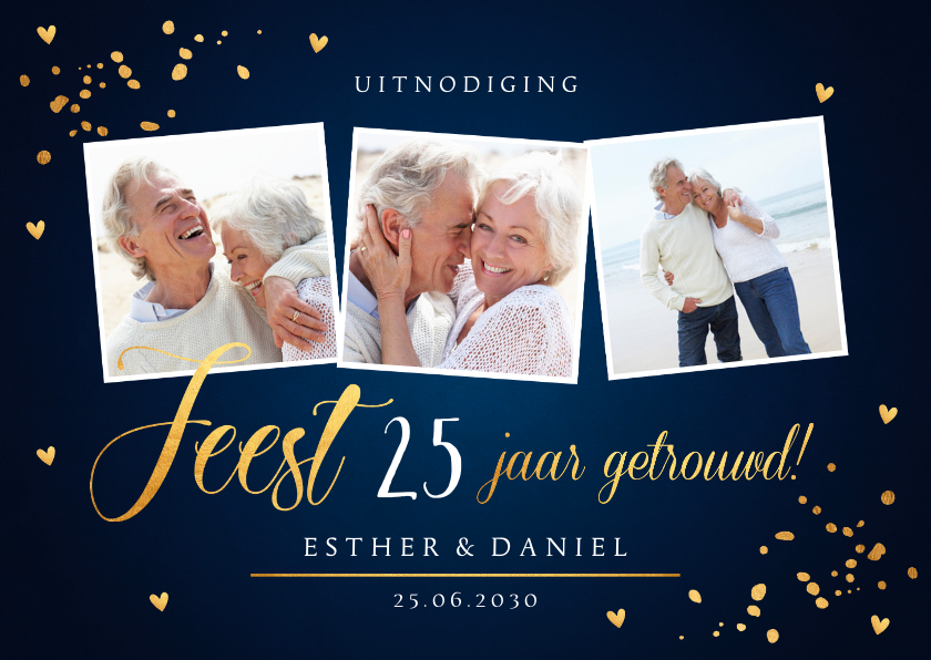 Jubileumkaarten - Jubileumkaart blauw & goudlook fotocollage confetti 25 jaar