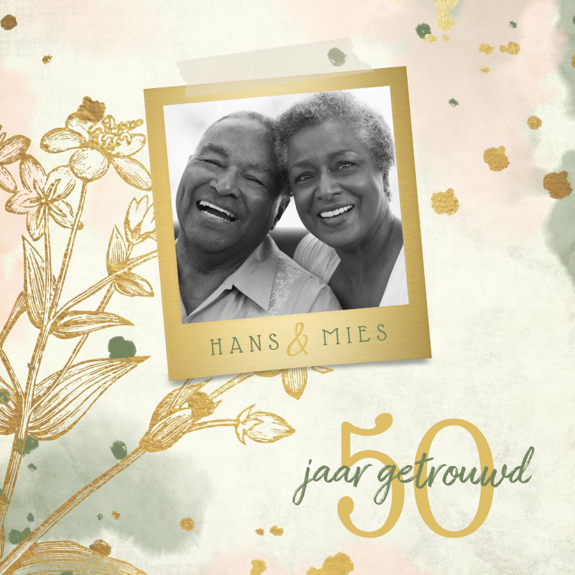Jubileumkaart bloemen goud met waterverf foto en spetters - Jubileumkaarten Jubileumkaarten - Jubileumkaart bloemen goud met waterverf foto en spetters