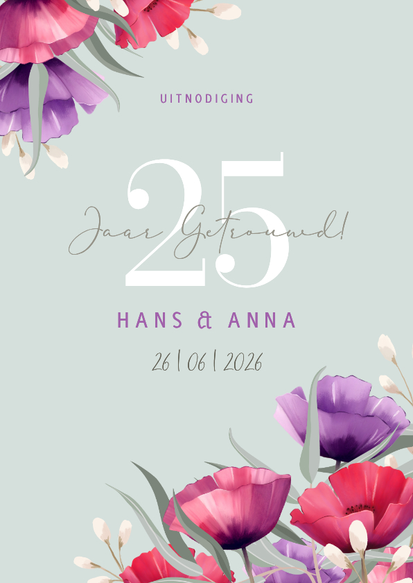 Jubileumkaarten - Jubileumkaart botanisch kleurrijk met boeket van klaprozen