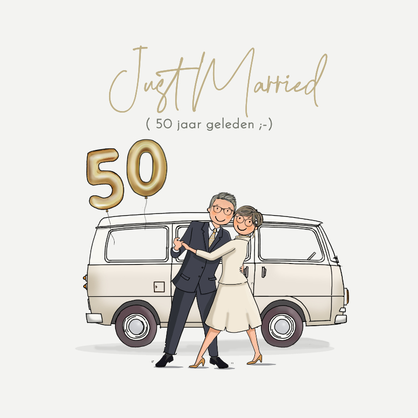 Jubileumkaart busje met echtpaar en ballonnen - Jubileumkaarten Jubileumkaarten - Jubileumkaart busje met echtpaar en ballonnen