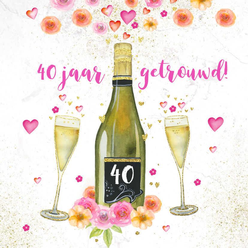 Jubileumkaart champagne en aquarelbloemen - Jubileumkaarten Jubileumkaarten - Jubileumkaart champagne en aquarelbloemen