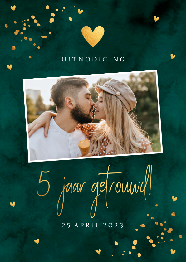 Jubileumkaarten - Jubileumkaart donkergroen goudlook confetti 5 jaar getrouwd