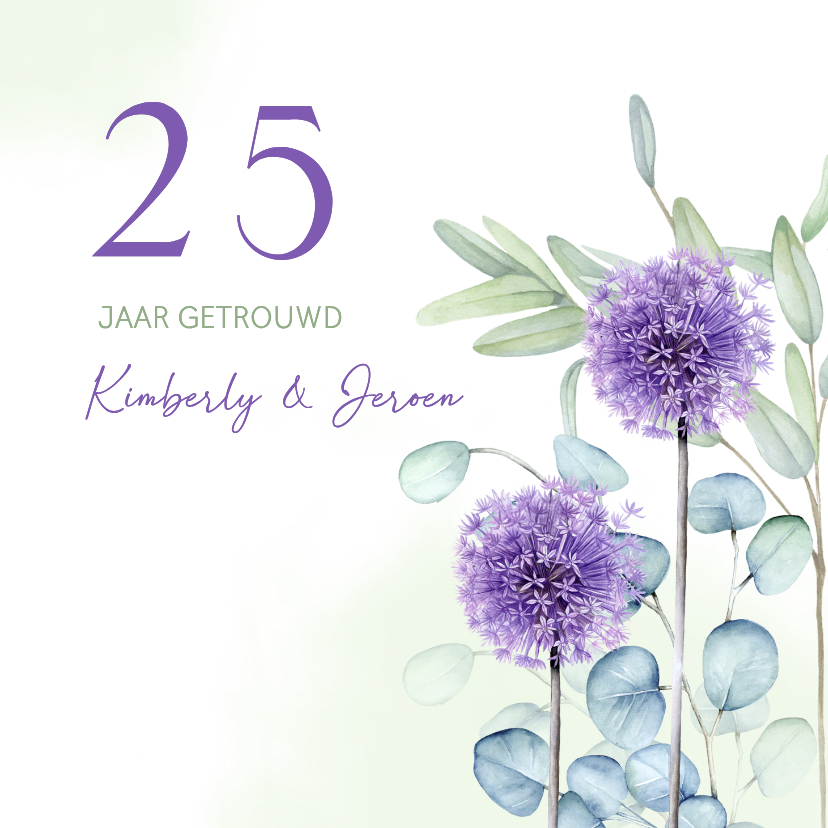 Jubileumkaart eucalyptus paarse allium - Jubileumkaarten Jubileumkaarten - Jubileumkaart eucalyptus paarse allium