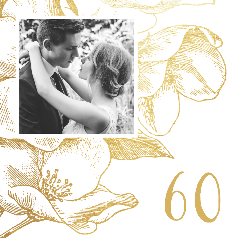 Jubileumkaarten - Jubileumkaart gouden bloemen met foto en jaartal