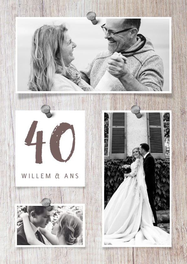 Jubileumkaart hout met fotocollage en spijkers - Jubileumkaarten Jubileumkaarten - Jubileumkaart hout met fotocollage en spijkers