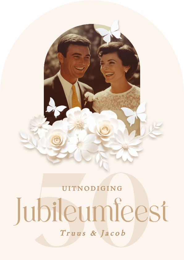 Jubileumkaart met foto en witte bloemen in boogvorm - Jubileumkaarten Jubileumkaarten - Jubileumkaart met foto en witte bloemen in boogvorm