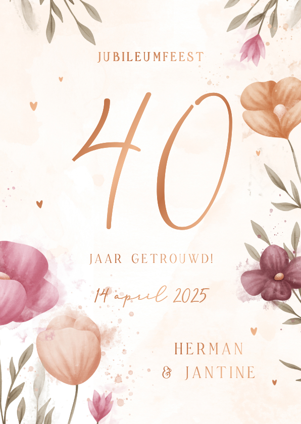 Jubileumkaarten - Jubileumkaart waterverf bloemen met koperen hartjes