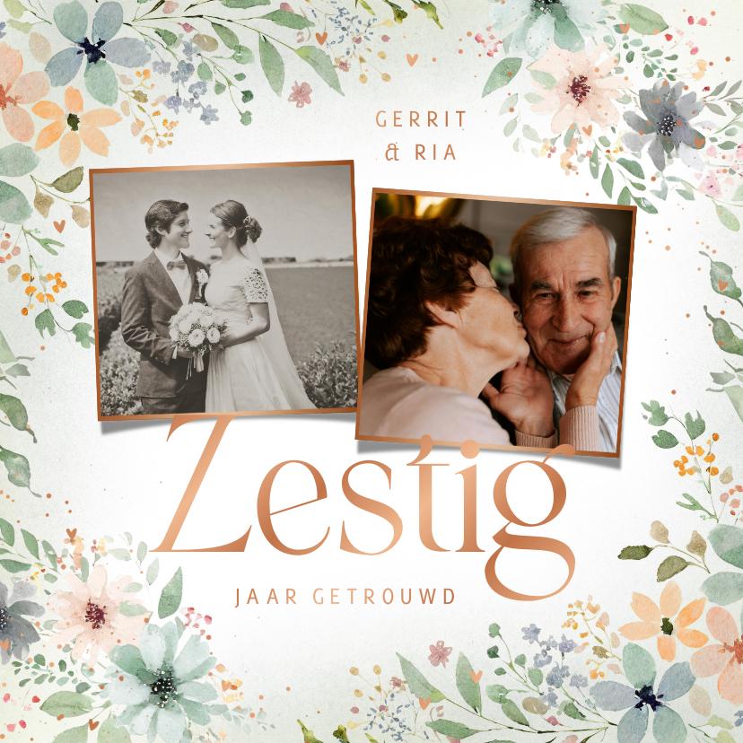 Jubileumkaarten - Jubileumkaart zestig jaar getrouwd bloemenkader met foto's