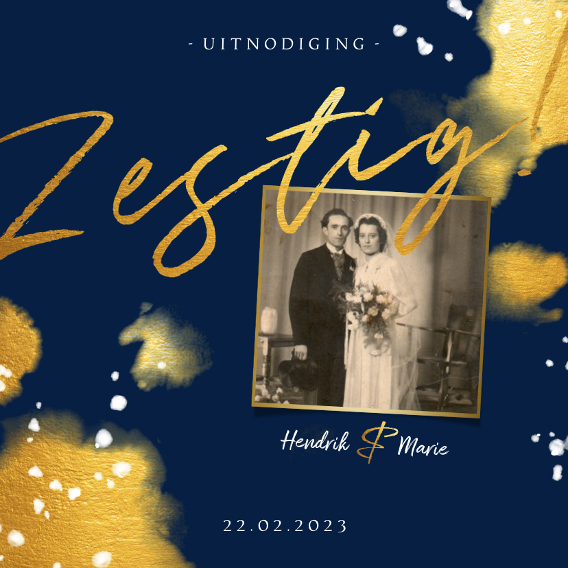 Jubileumkaart 'zestig' met foto en gouden waterverf - Jubileumkaarten Jubileumkaarten - Jubileumkaart 'zestig' met foto en gouden waterverf