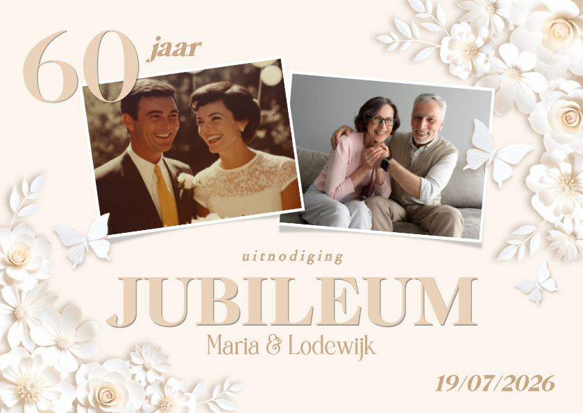 Jubileumkaarten - Klassieke fotokaart huwelijksjubileum met witte bloemen en v