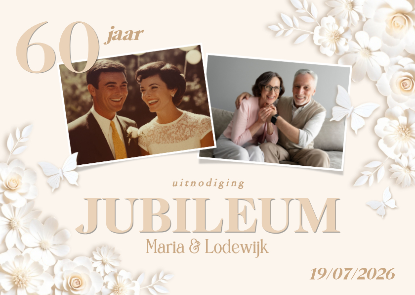 Klassieke fotokaart huwelijksjubileum met witte bloemen - Jubileumkaarten Jubileumkaarten - Klassieke fotokaart huwelijksjubileum met witte bloemen