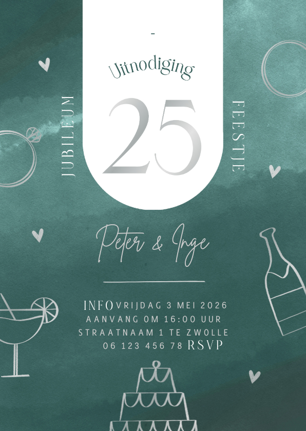 Jubileumkaarten - Moderne jubileumkaart 25 jaar doodles en hartjes in zilver