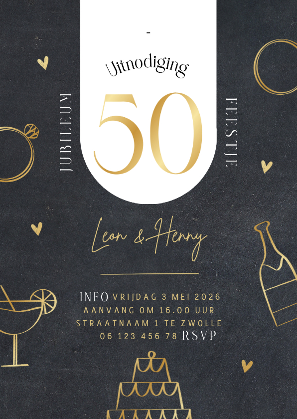 Moderne jubileumkaart 50 jaar doodles en hartjes in goud - Jubileumkaarten Jubileumkaarten - Moderne jubileumkaart 50 jaar doodles en hartjes in goud