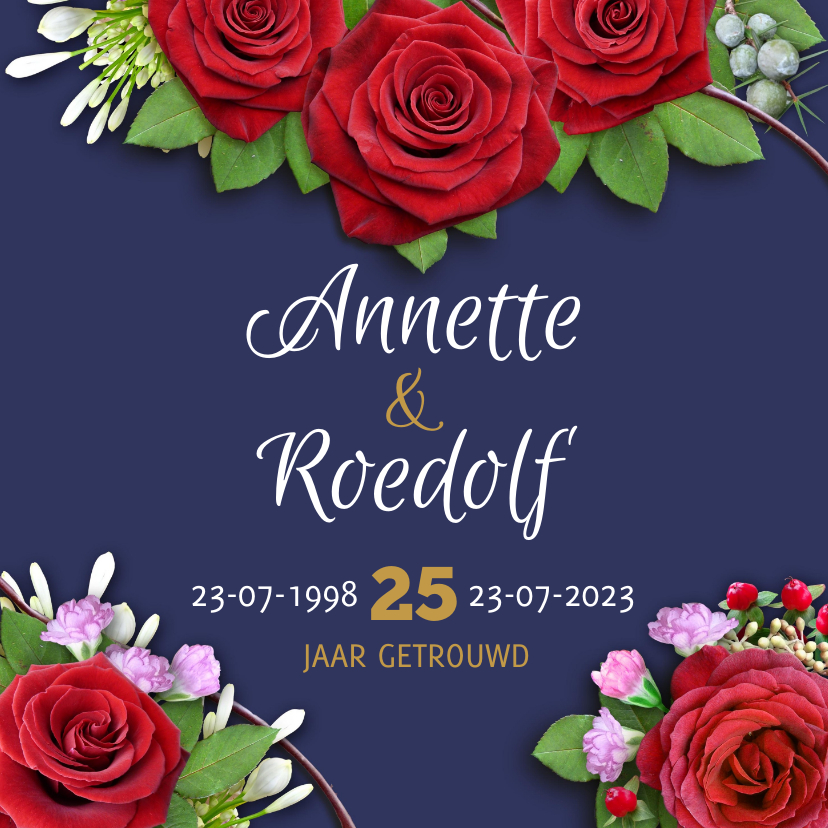 Jubileumkaarten - Mooie uitnodiging rozen op blauwe achtergrond