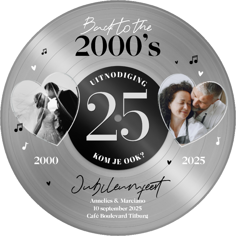 Jubileumkaarten - Ronde kaart jubileumfeest zilveren plaat vinyl 25 jaar feest