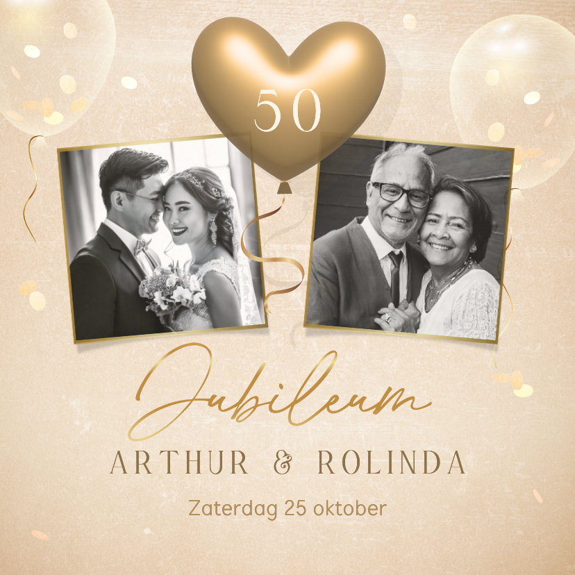 Stijlvolle jubileum uitnodiging met foto's en hartjes ballon - Jubileumkaarten Jubileumkaarten - Stijlvolle jubileum uitnodiging met foto's en hartjes ballon