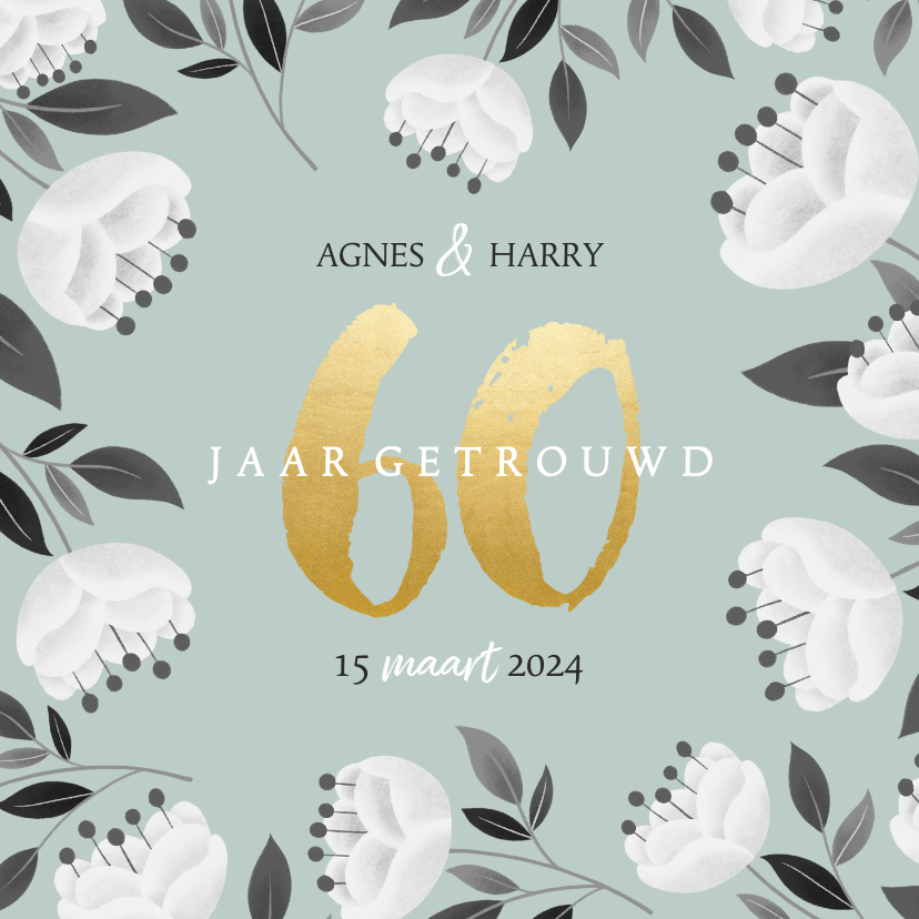 Stijlvolle jubileum uitnodiging witte bloemen en gouden 60 - Jubileumkaarten Jubileumkaarten - Stijlvolle jubileum uitnodiging witte bloemen en gouden 60