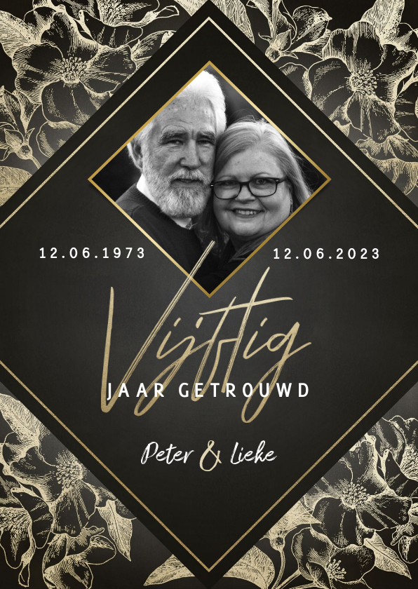Jubileumkaarten - Stijlvolle jubileumkaart 50 jaar getrouwd gouden bloemen