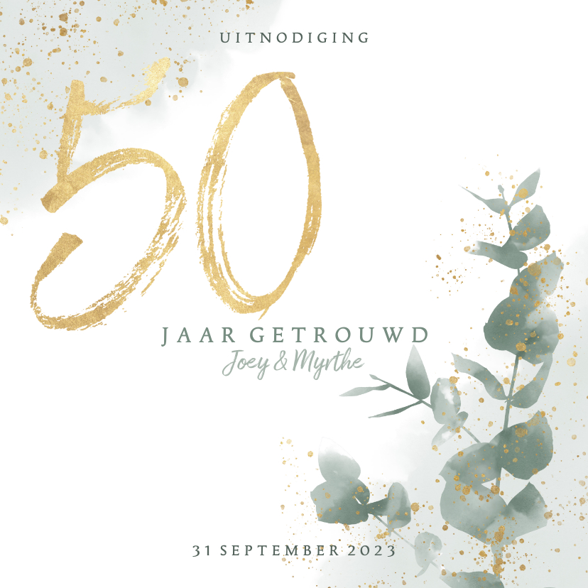 Stijlvolle jubileumkaart 50 jaar waterverf, spetters & takje - Jubileumkaarten Jubileumkaarten - Stijlvolle jubileumkaart 50 jaar waterverf, spetters & takje