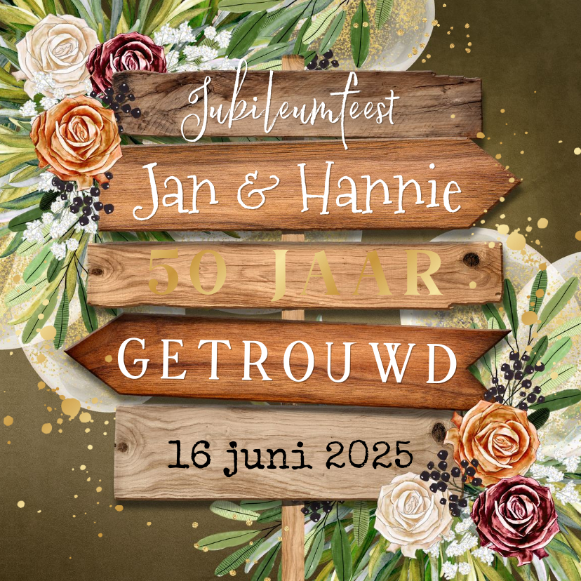 Jubileumkaarten - Stijlvolle jubileumkaart 50jaar getrouwd wegwijzer botanisch