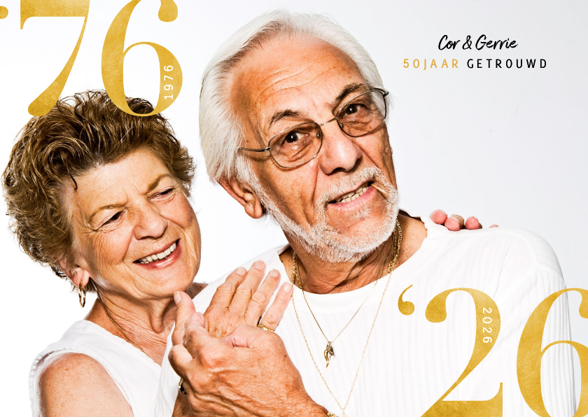 Stijlvolle jubileumkaart, gouden cijfers en grote foto - Jubileumkaarten Jubileumkaarten - Stijlvolle jubileumkaart, gouden cijfers en grote foto