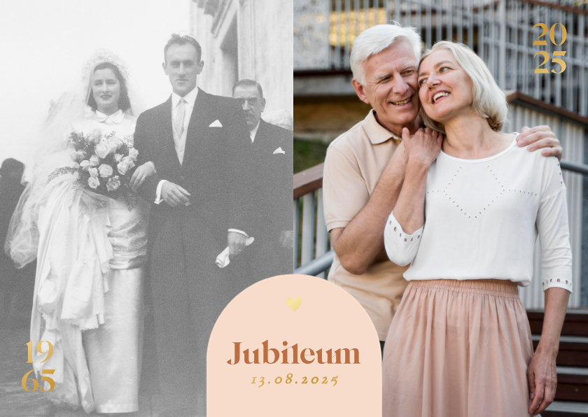 Stijlvolle jubileumkaart met foto's boogje en goudfolie - Jubileumkaarten Jubileumkaarten - Stijlvolle jubileumkaart met foto's boogje en goudfolie