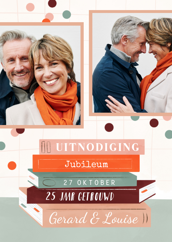 Jubileumkaarten - Uitnodiging 25 jaar getrouwd met boeken, confetti en foto's